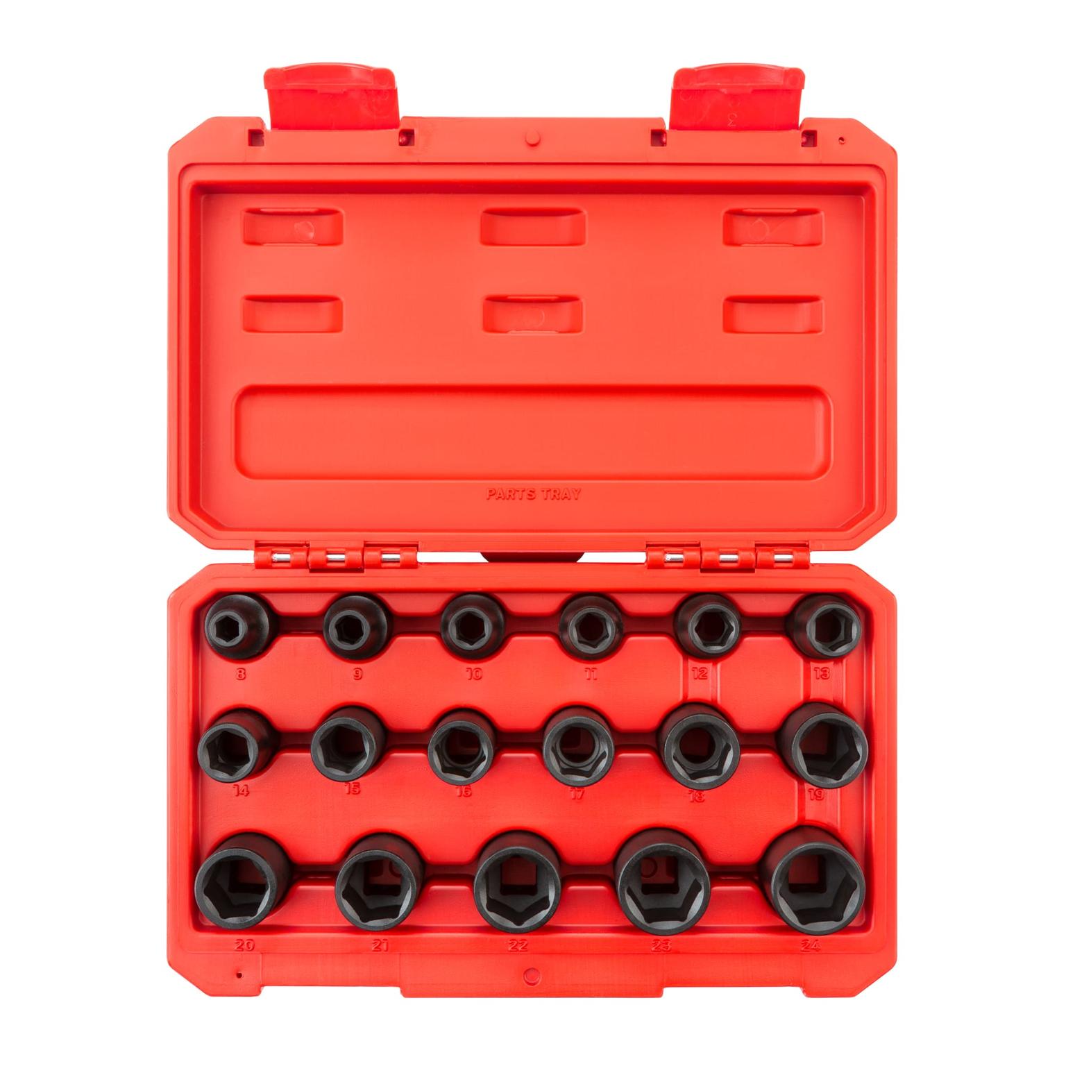 Tekton, 1/2 Inch Drive 6-Point Impact Socket Set, 17-Piece (8-24 mm)