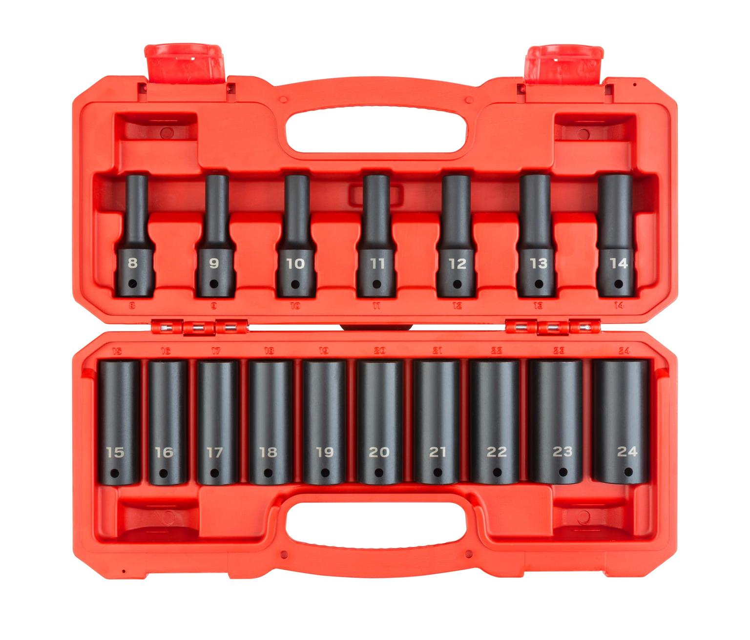 Tekton, 1/2 Inch Drive Deep 6-Point Impact Socket Set, 17-Piece (8-24 mm)