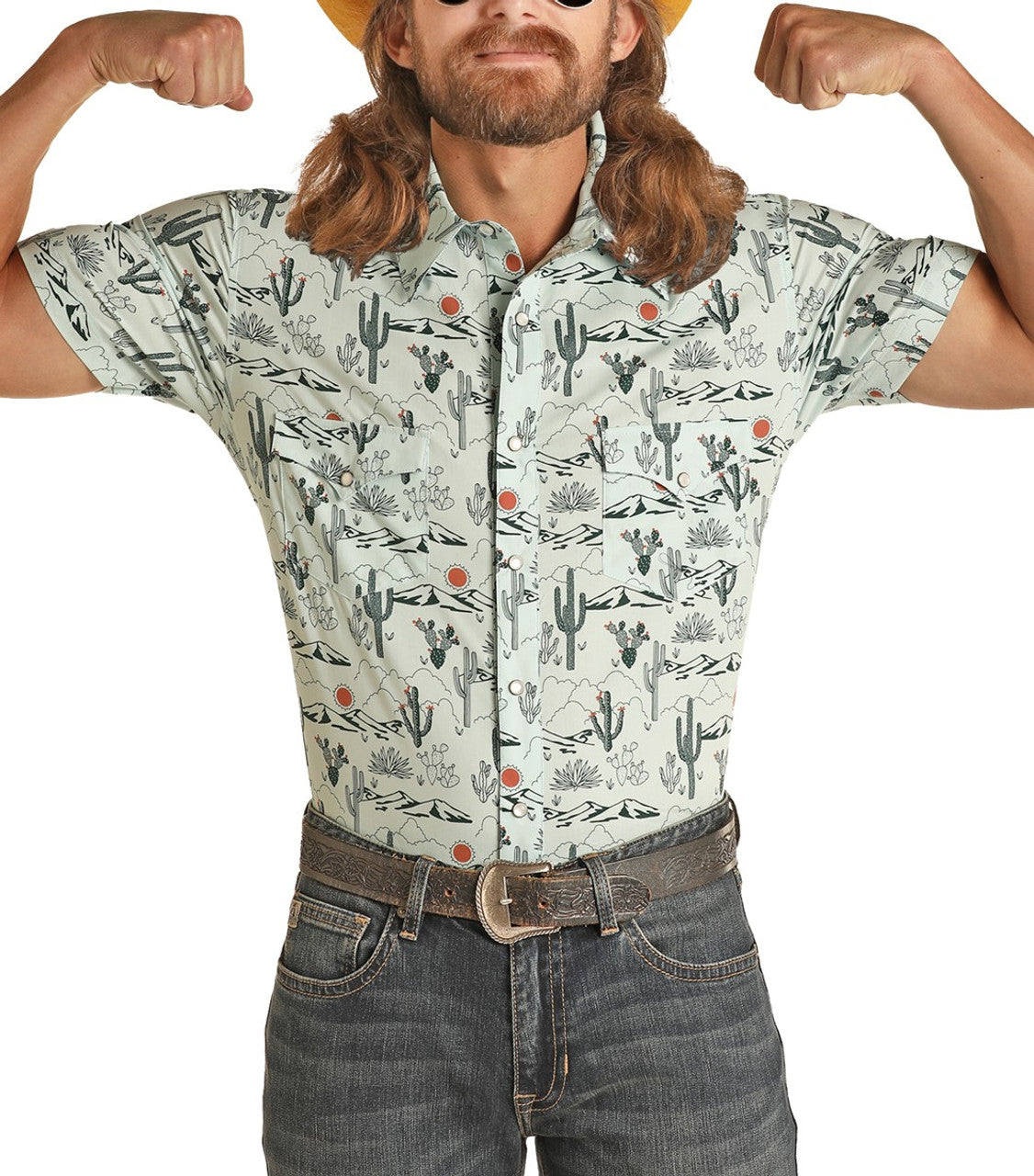 Panhandle Slim, Men's Slim Fit Cactus Print Short Sleeve Snap Shirt